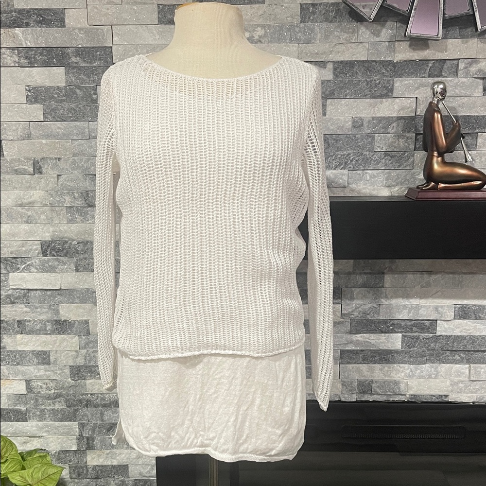 Eileen Fisher White Linen Knit Mesh Overlay Tiered Sweater Size M